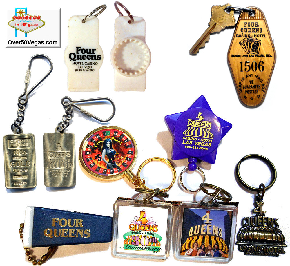 Four Queens has had a wide variety of key chains and fobs over the years.   Notice the actual room key from the days of real brass "room keys". 