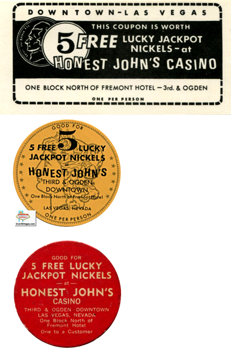 Honest John's Lucky Nickel coupon and paper chips
