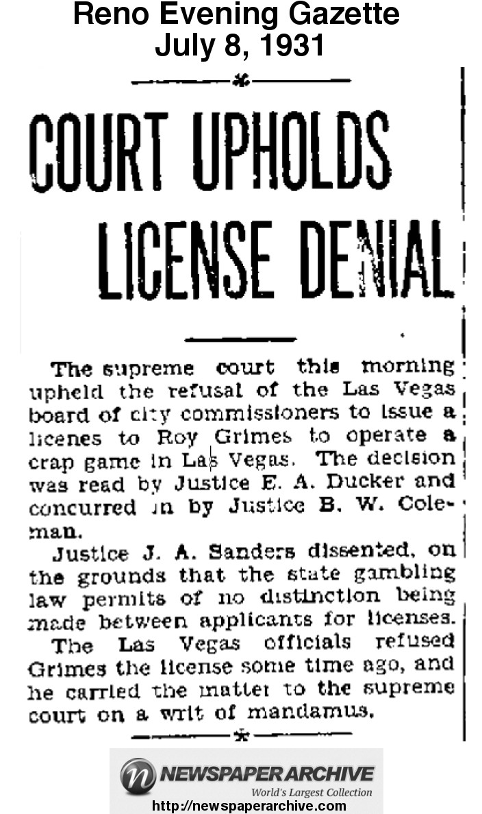 Roy Grimes loses his appeal for a gambling license in 1931