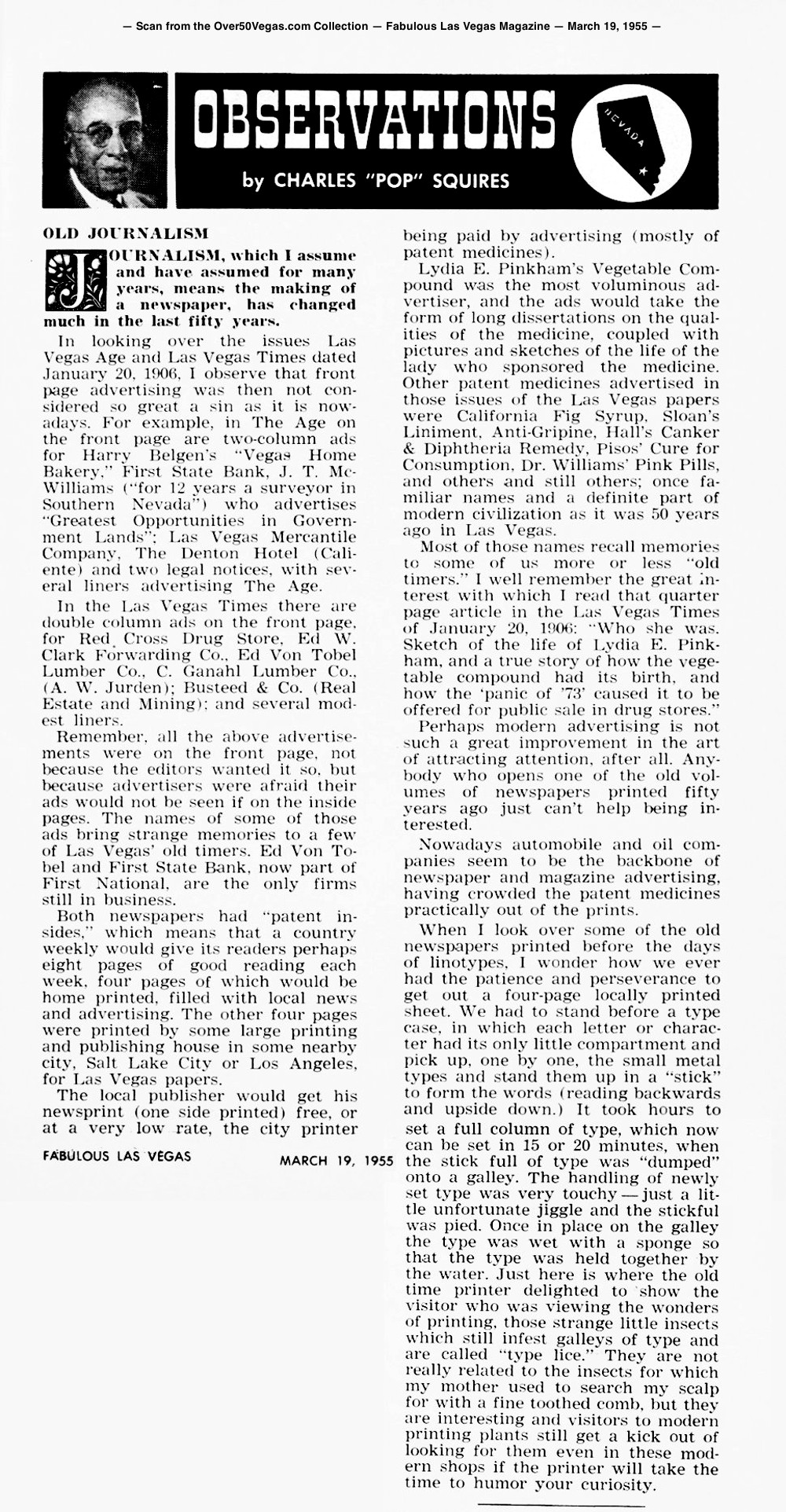 Observations by Pop Squires — Fabulous Las Vegas Magazine —  March 19, 1955