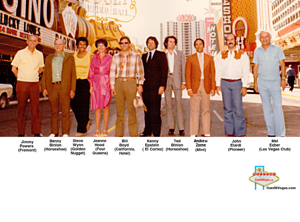 This photo from the late 1970's shows some of the prominent casino owners and executives Jimmy Powers, Benny Binion, Steve Wynn, Jeanne Hood, Bill Boyd, Kenny Epstein, Ted Binion, Andrew Zorn, Mel Exber
