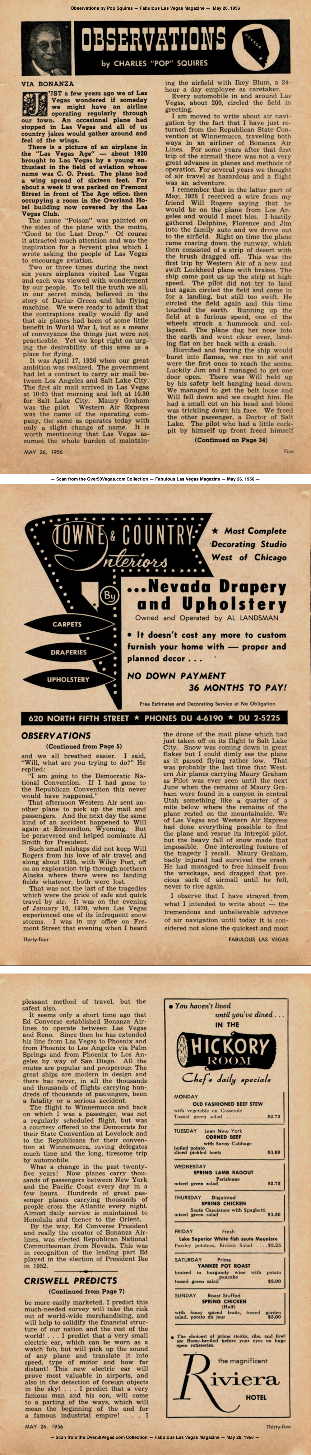 Observations by Pop Squires — Fabulous Las Vegas Magazine —  May 26, 1956