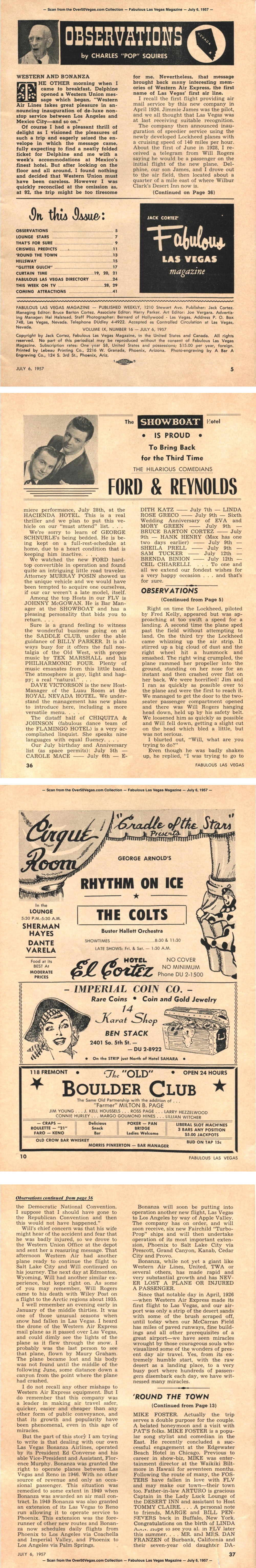 Observations by Pop Squires — Fabulous Las Vegas Magazine —  July 6, 1957