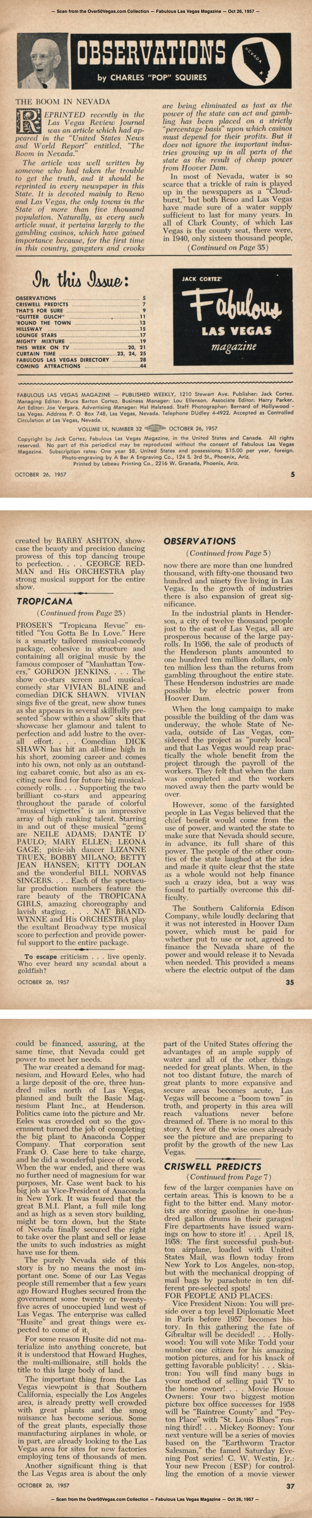 Observations by Pop Squires — Fabulous Las Vegas Magazine —  Oct 26, 1957