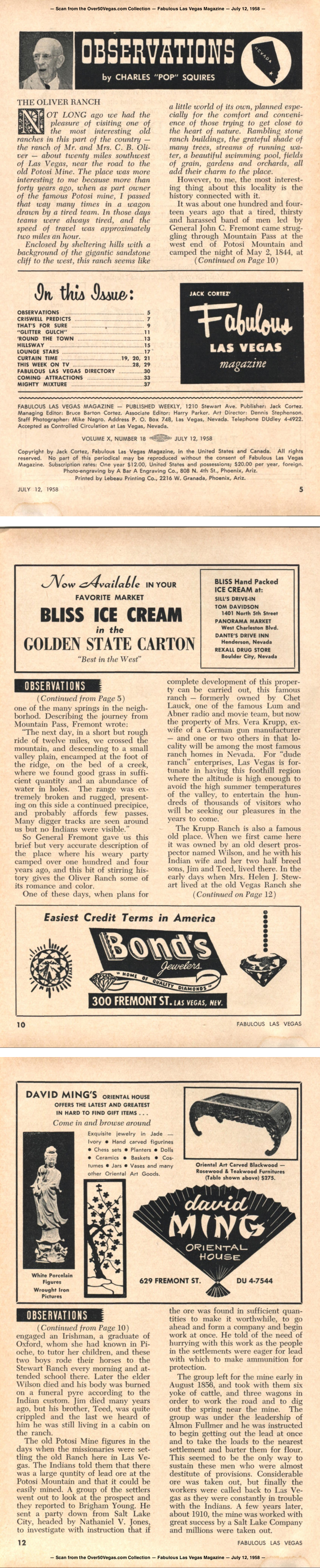 Observations by Pop Squires — Fabulous Las Vegas Magazine —  July 12, 1958